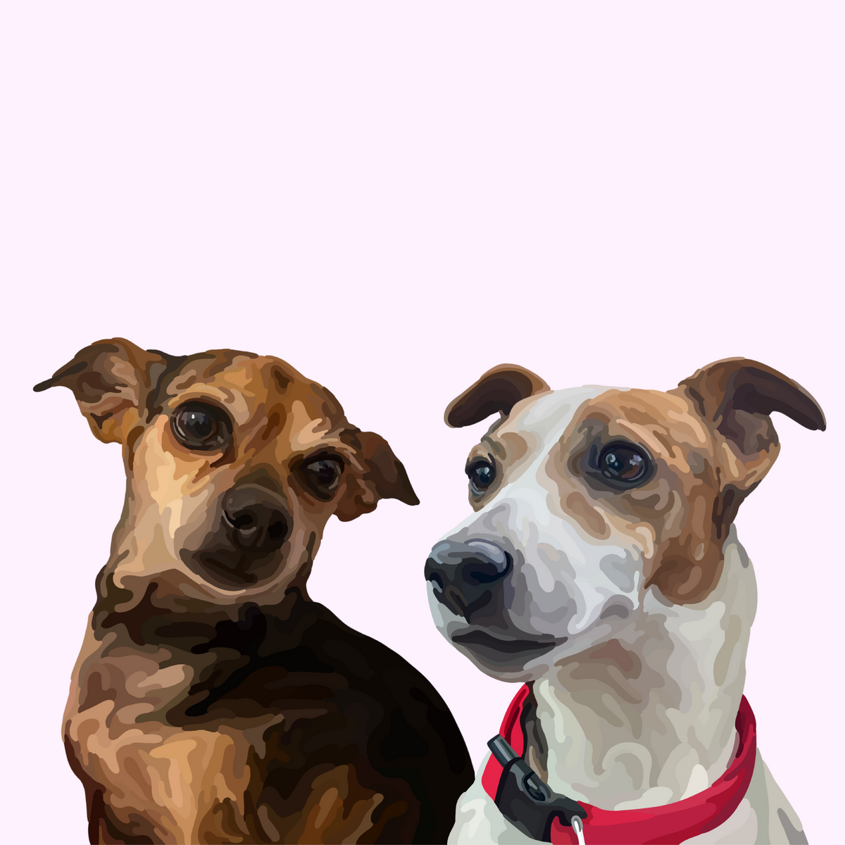 Cartoon Pet Portrait of a Chihuahua and a Jack Russell on a pink background.