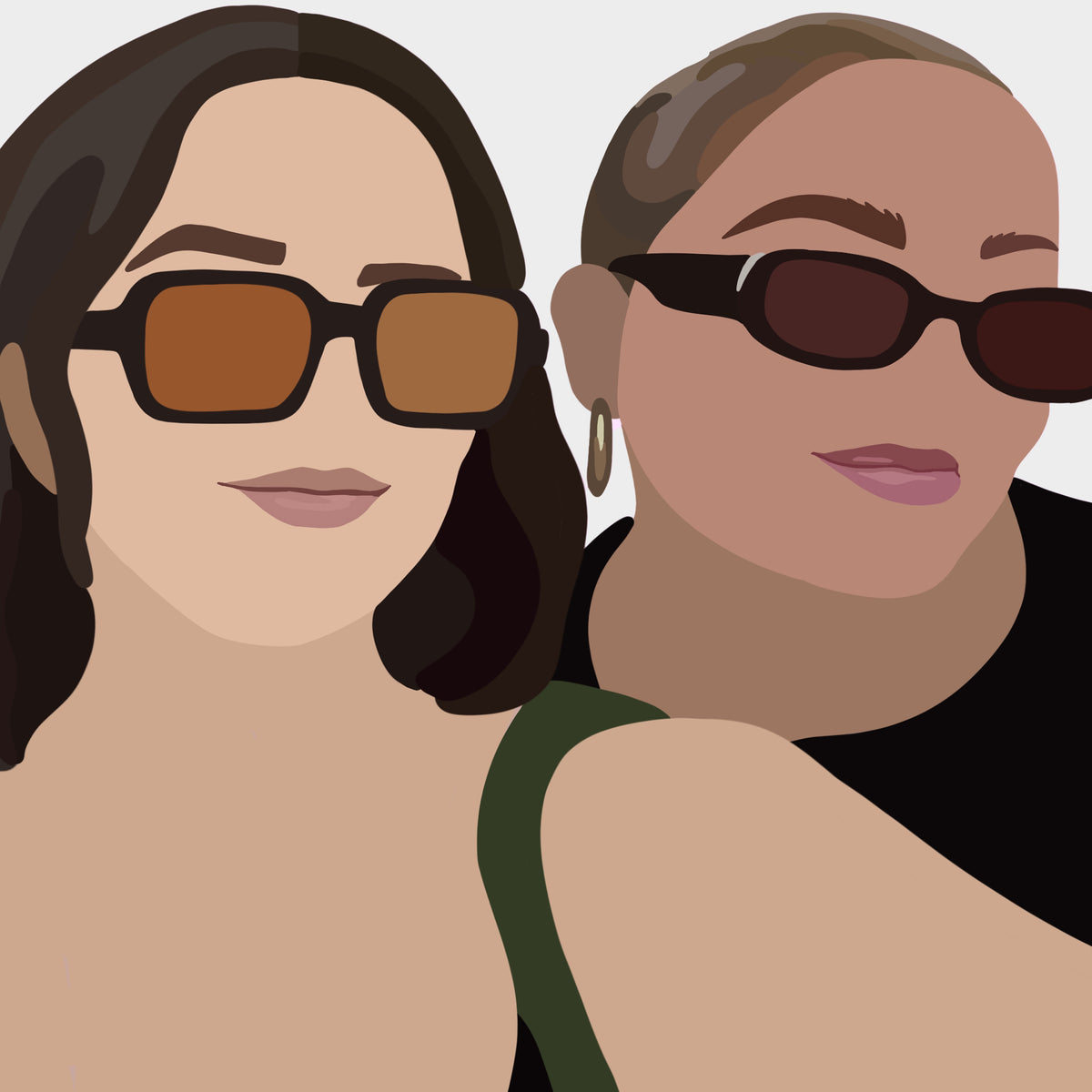 Close up of a Faceless Portrait of two girls wearing sunglasses.