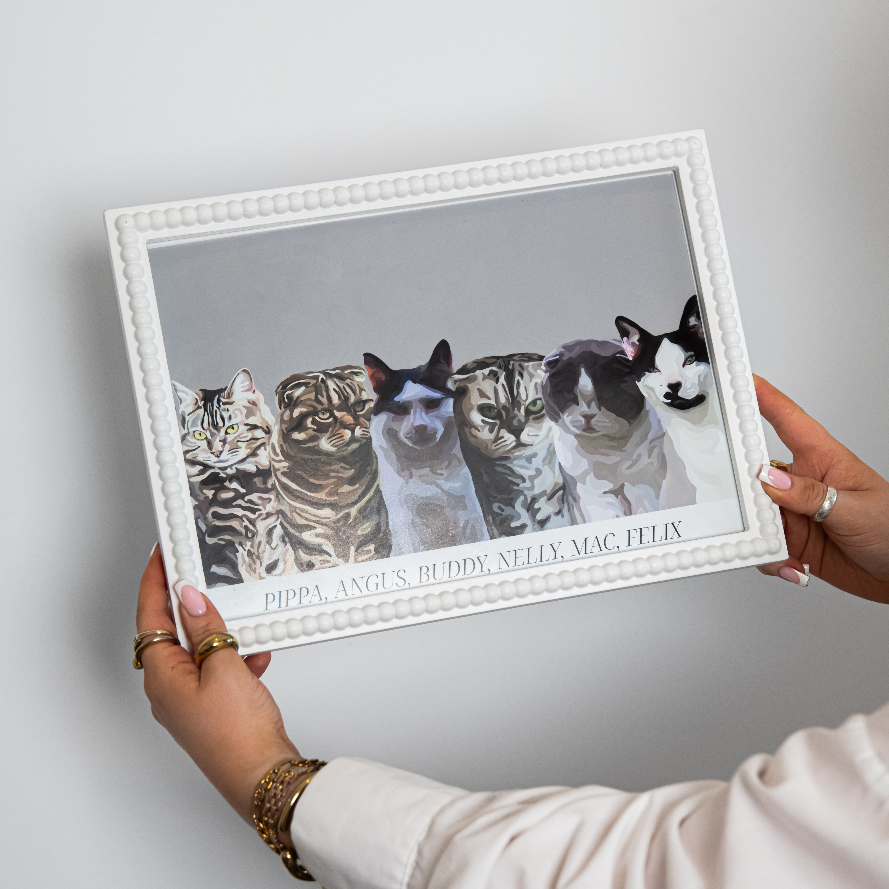 Person holding a framed picture of six cats in Bordered Cartoon Pet Portrait style with names across the bottom on a grey background.