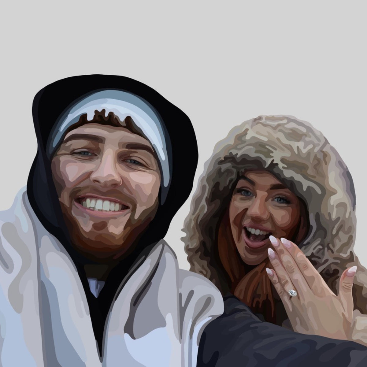 People Portrait showing a man and woman smiling, while the woman holds up her hand showing off an engagement ring.