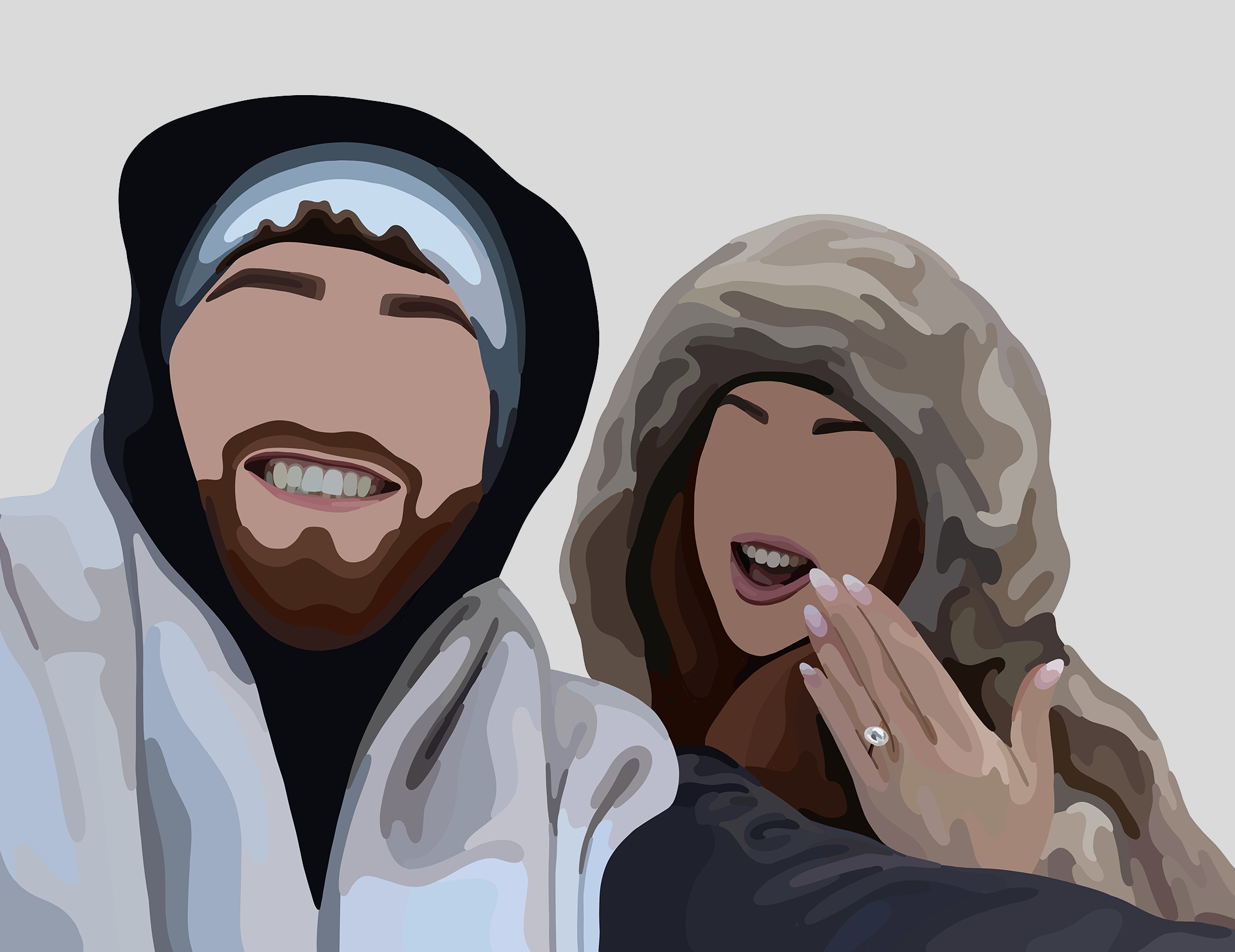 A Faceless Portrait of a smiling man and woman taking a selfie outdoors in winter clothing, with snow-covered mountains in the background. The woman is showing an engagement ring on her hand.