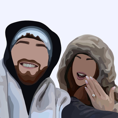 Faceless Portrait of a boy and a girl smiling. The girl is holding her hand up to show off an engagement ring.