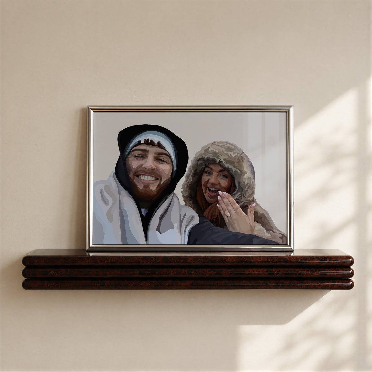 Framed print of a People Portrait showing a man and woman smiling, while the woman holds up her hand showing off an engagement ring.