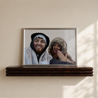 Framed print of a People Portrait showing a man and woman smiling, while the woman holds up her hand showing off an engagement ring.