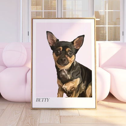 An image of a Chihuahua called Betty in a Bordered Cartoon Pet Portrait style with a pink sofa in the background.