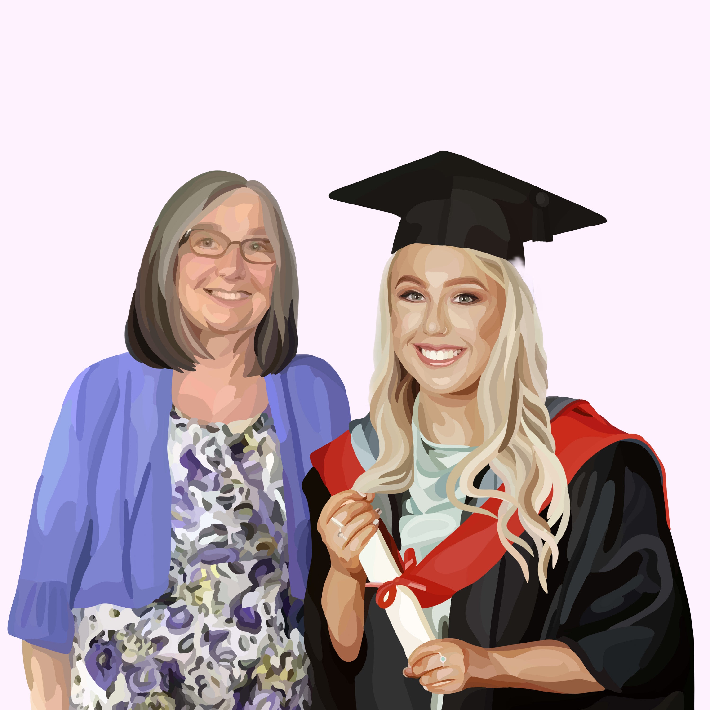 Merged People Portrait of a girl in a graduation gown and cap standing next to her grandma against a pink background. 