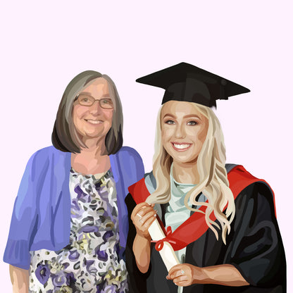 Merged People Portrait of a girl in a graduation gown and cap standing next to her grandma against a pink background. 