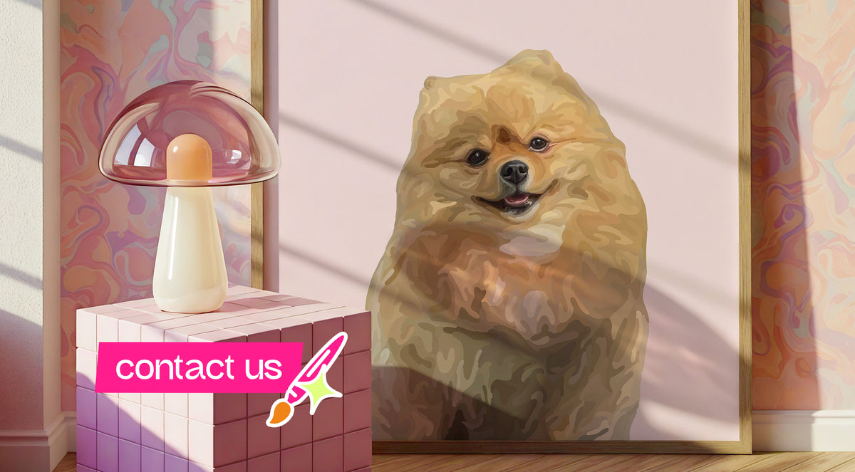 A large framed Cartoon Pet Portrait of a fluffy Pomeranian dog, displayed in a pink room. Next to it is a pink mushroom lamp on a tiled pedestal with the text 'contact us' over the top.
