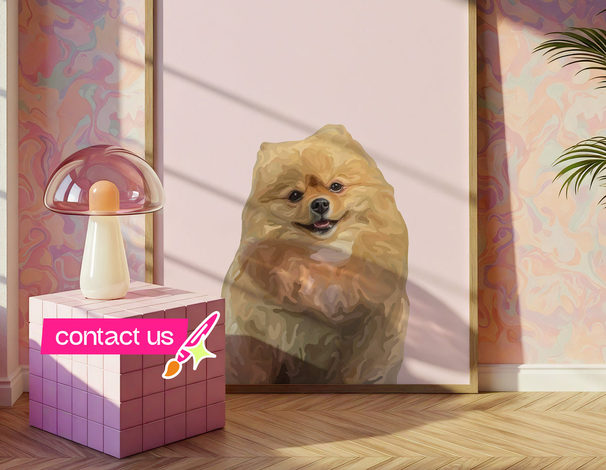 A large framed Cartoon Pet Portrait of a fluffy Pomeranian dog, displayed in a pink room. Next to it is a pink mushroom lamp on a tiled pedestal with the text 'contact us' over the top.