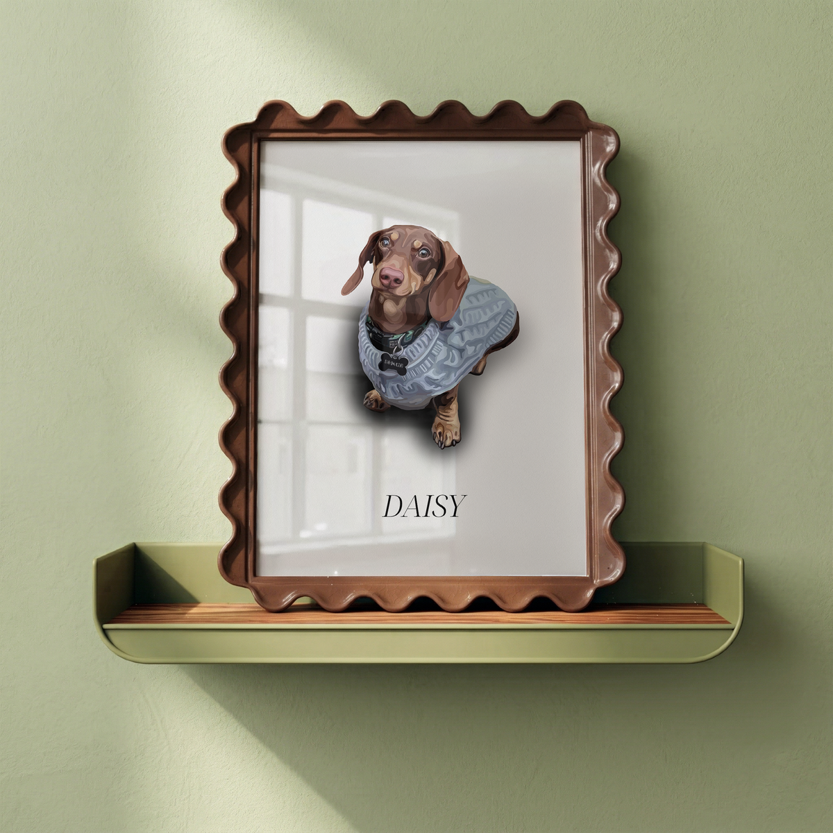 Framed Spotlight Portrait of a sausage dog called DAISY in a brown wavy frame on a green shelf.