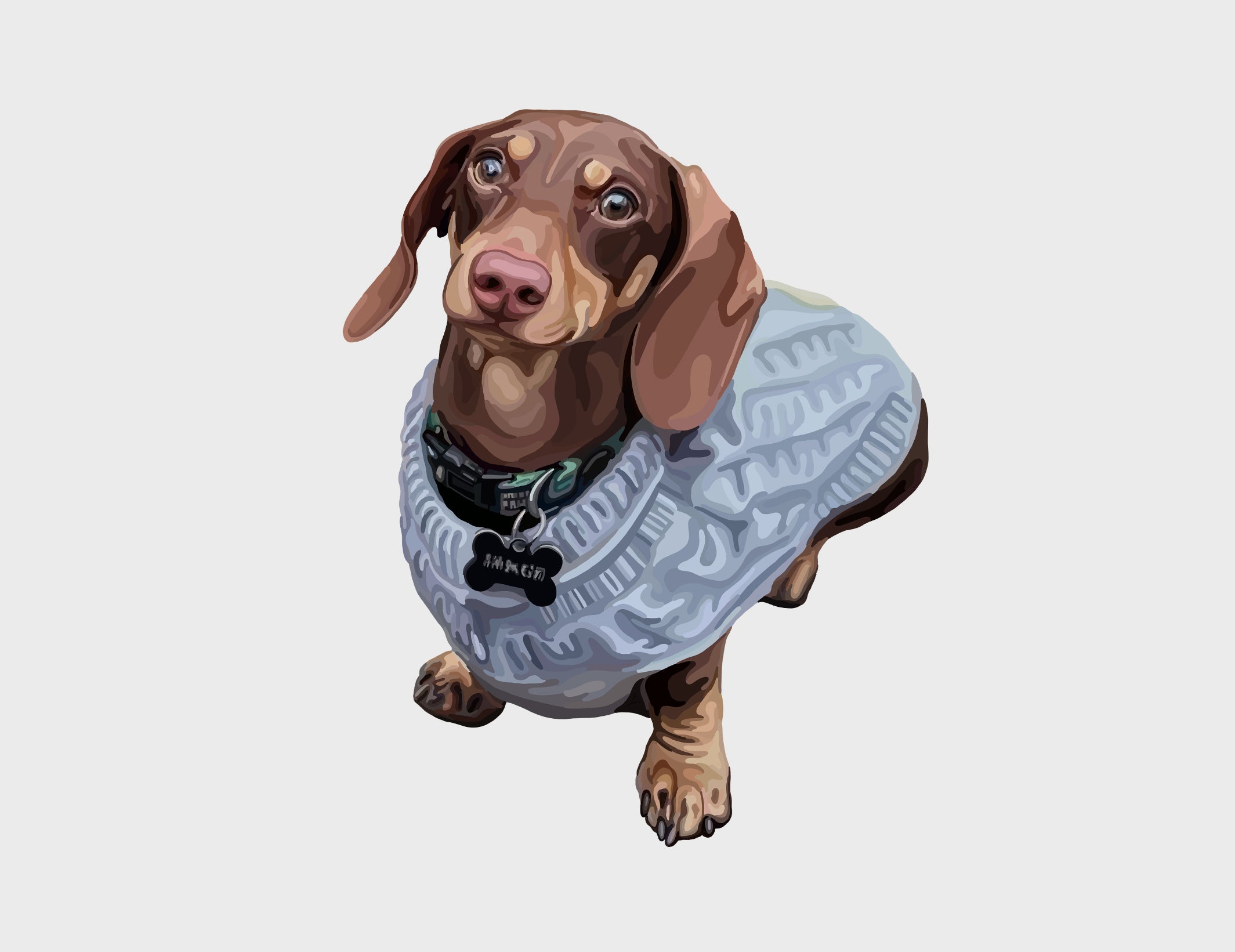 A Cartoon Pet Portrait of a brown dachshund wearing a light blue-gray cable-knit sweater, set against a solid light gray background.