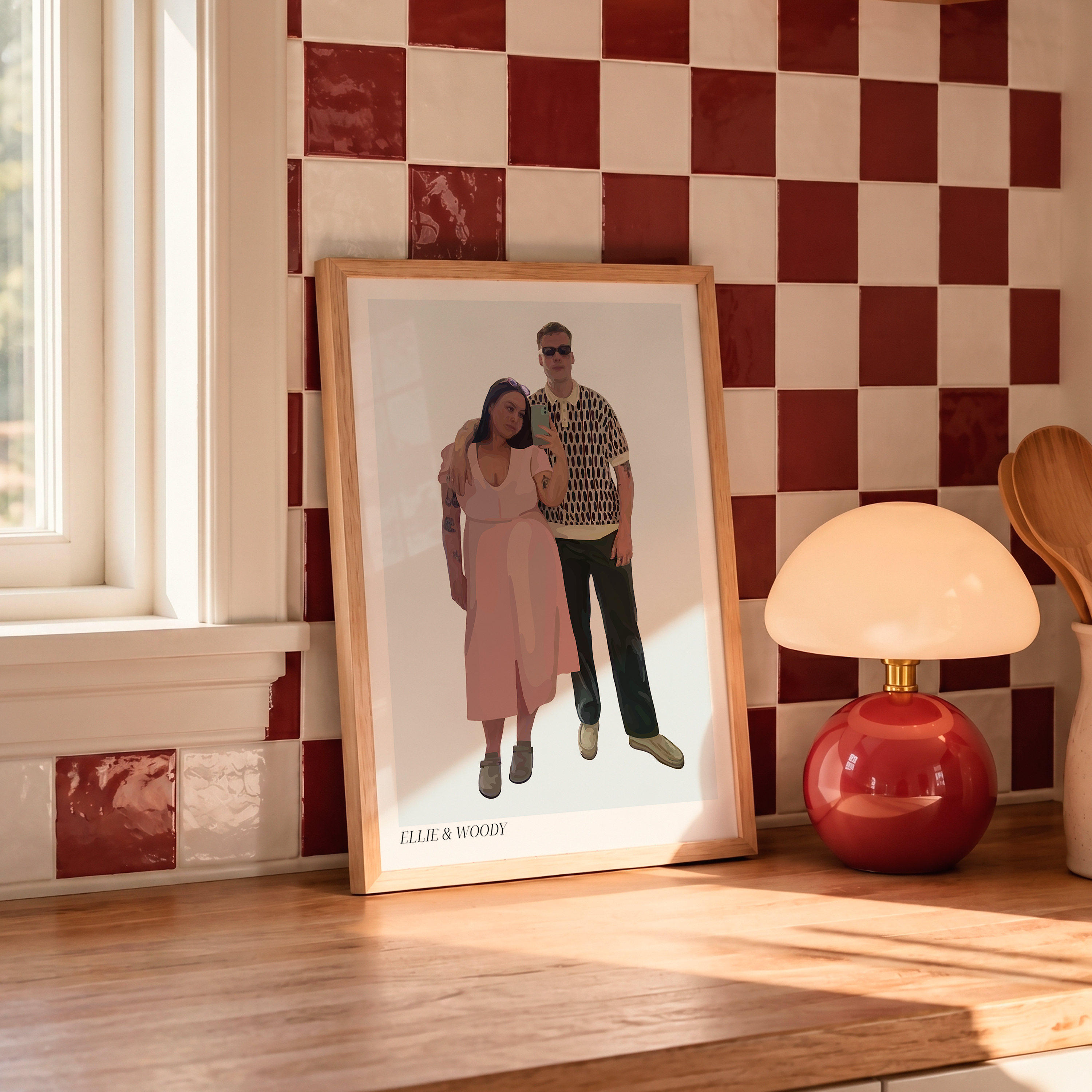 Framed People Portrait of a couple on a wooden surface with a checkered wall in the background.