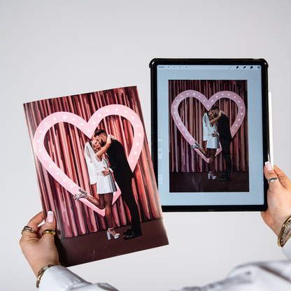 A photo showing a digital and physical version of the same print against a white wall. 