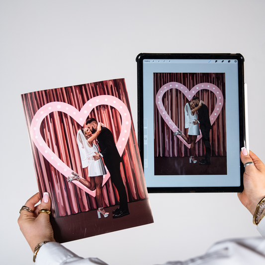 A photo showing a digital and physical version of the same print against a white wall. 
