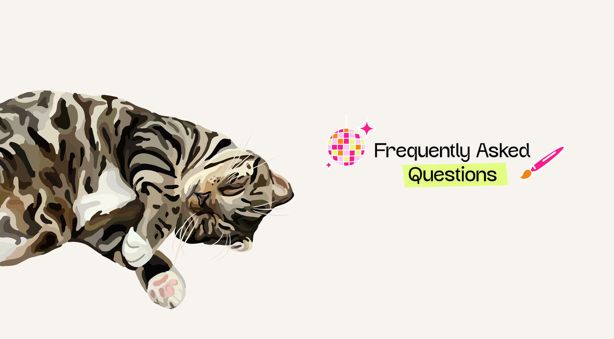 A Cartoon Pet Portrait of a sleeping tabby cat on the left, with a small graphic reading 'Frequently Asked Questions' on the right, set against a plain light beige background.