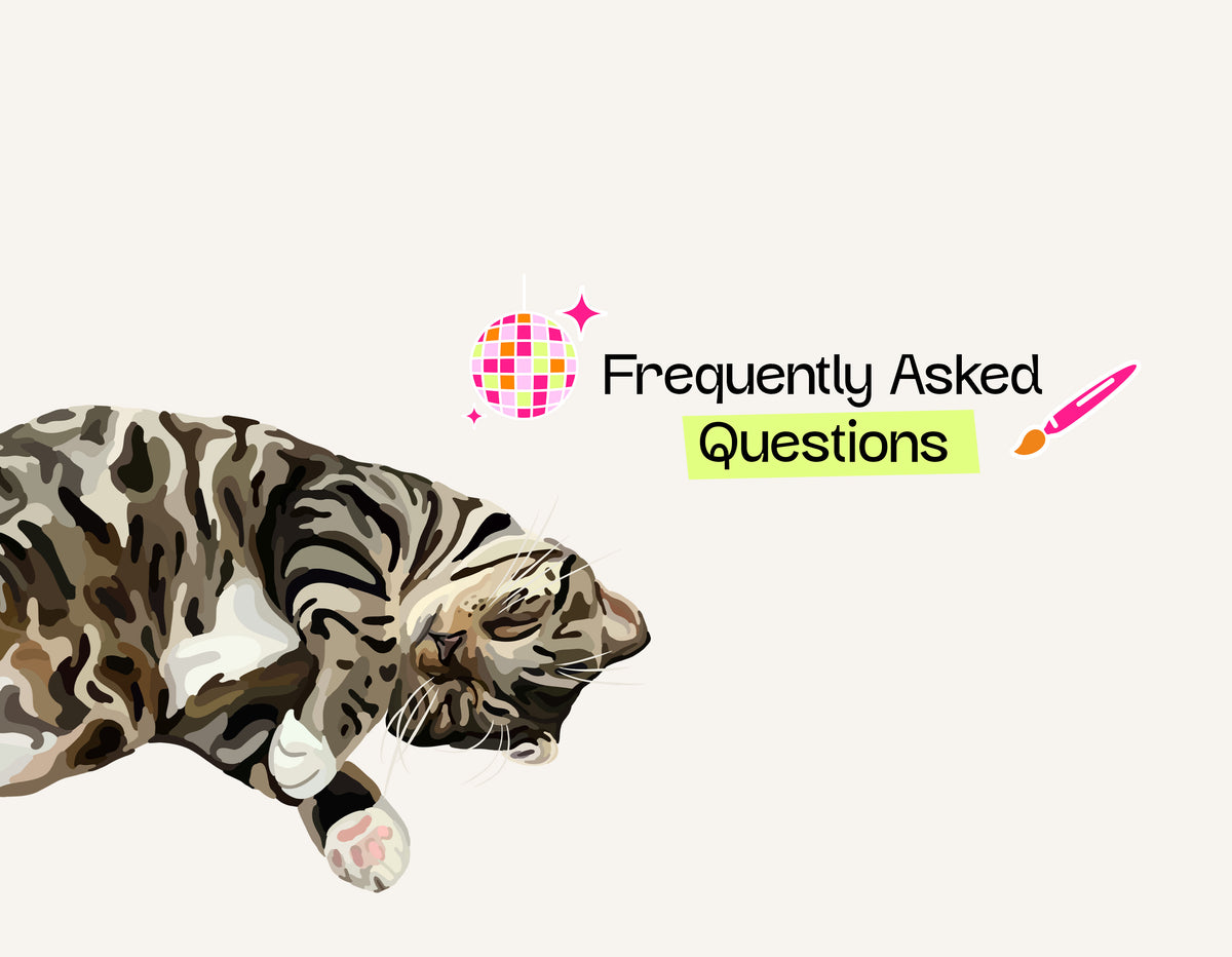 A Cartoon Pet Portrait of a sleeping tabby cat on the left, with a small graphic reading 'Frequently Asked Questions' on the right, set against a plain light beige background.