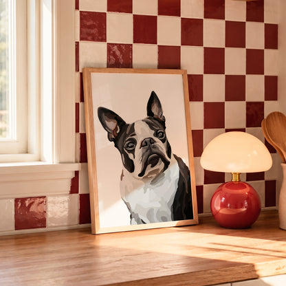 Framed Cartoon Pet Portrait of a dog on a wooden surface with a checkered wall in the background.