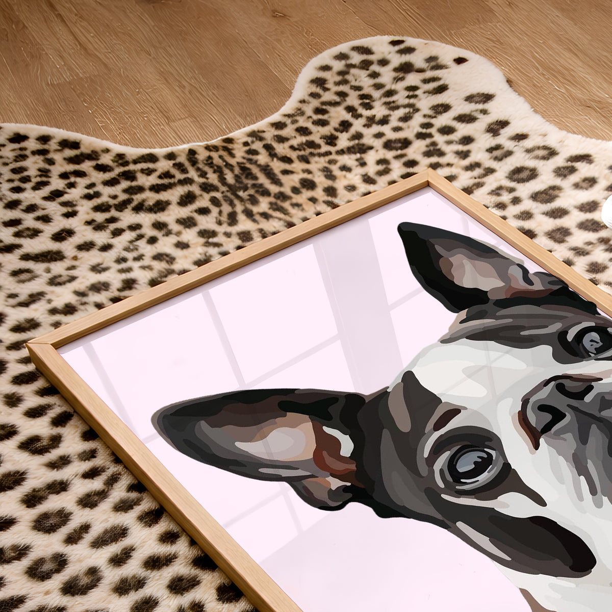 Framed artwork of a dog's face on a leopard print rug, done in a Cartoon Pet Portrait style.
