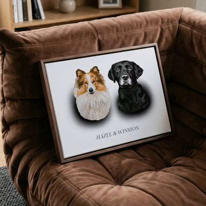 Framed Spotlight Portrait of two dogs named HAZEL and WINSTON on a brown sofa.