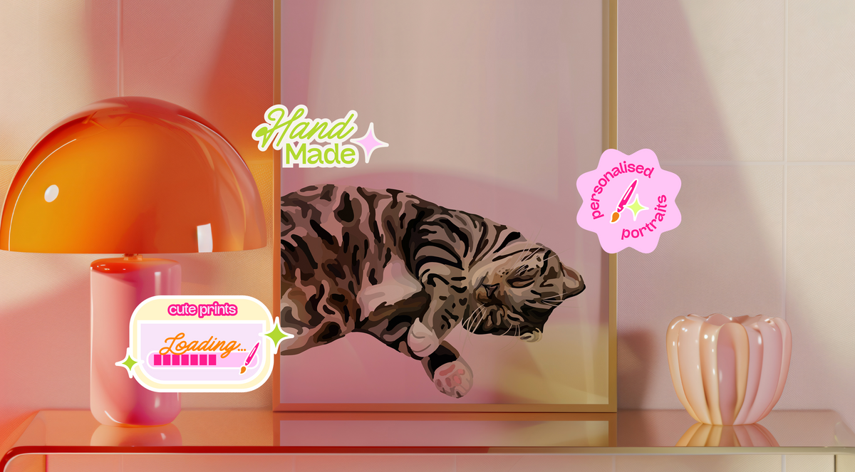 Banner that shows a Cartoon Pet Portrait in a frame resting on a glass sideboard with an orange lamp and vase next to it. There are Pen to Portrait branded sticker icons scattered across the image.