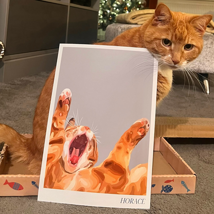 A photo of a ginger cat sat in a box with a Bordered Cartoon Pet Portrait of himself resting against him. 