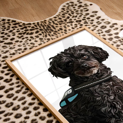 A framed Detailed Pet Portrait of a black curly-haired dog wearing a blue and black K9 harness, displayed on a leopard-print rug over a wooden floor.