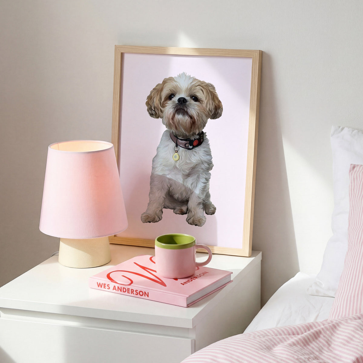 Framed picture of a Detailed Pet Portrait of a Lhasa Apso on a bedside drawer with a lamp and books.
