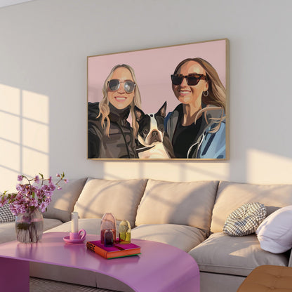 Living room with a pink coffee table, floral arrangement, and a framed People Portrait of two people and a dog on the wall.