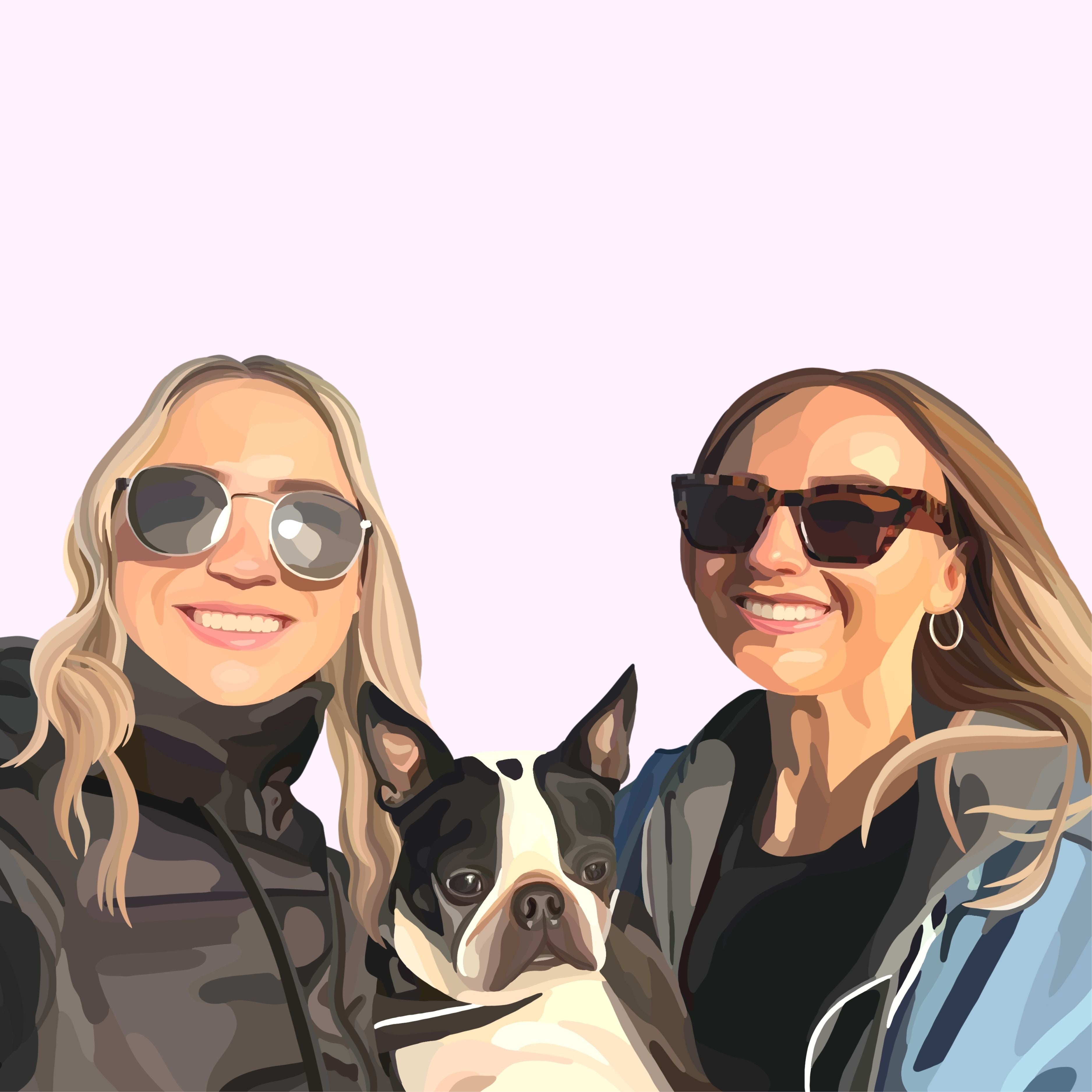 Cartoon Portrait of two women with sunglasses and a Boston Terrier on a light purple background.