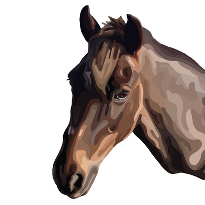 Cartoon Pet Portrait of a brown horse from the neck up.