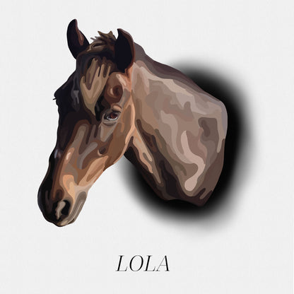 Spotlight Portrait of Lola, a brown horse, on a white background.