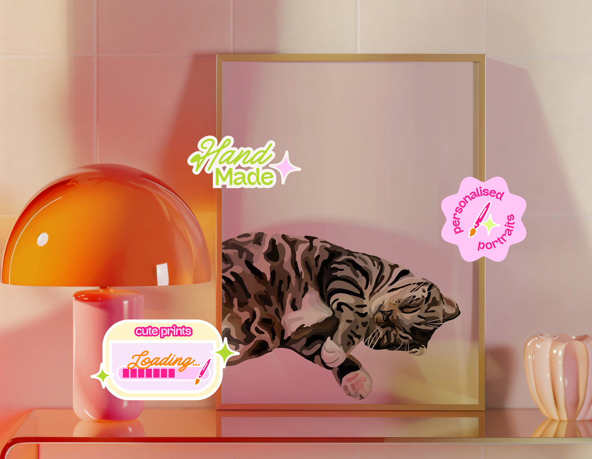 Banner that shows a Cartoon Pet Portrait in a frame resting on a glass sideboard with an orange lamp and vase next to it. There are Pen to Portrait branded sticker icons scattered across the image.