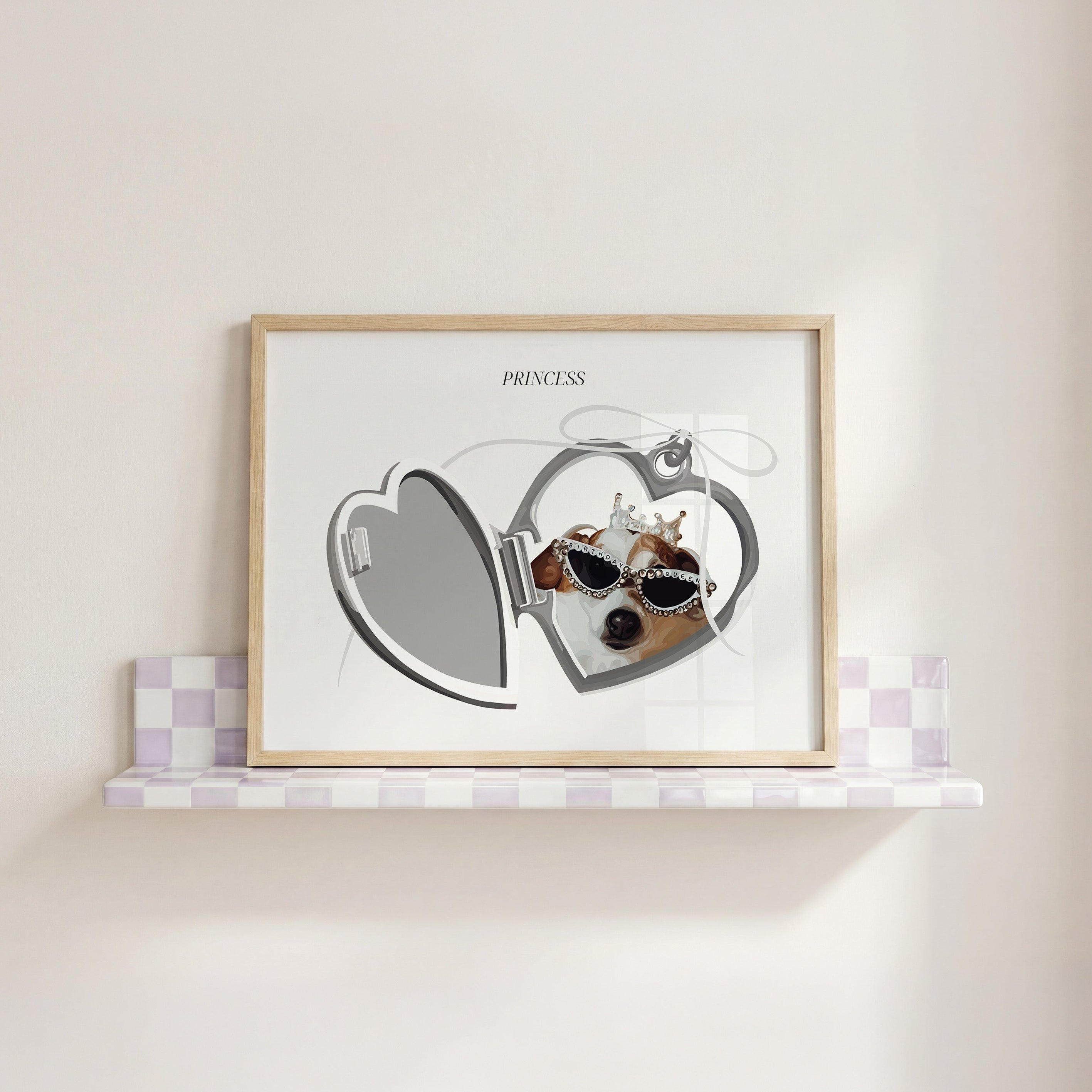 Locket Portrait print of a Chihuahua with a crown on in a wooden frame on a purple and white tiled shelf.