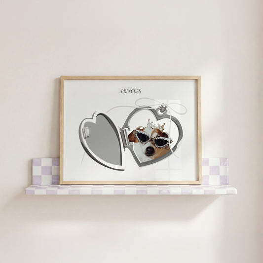 Locket Portrait print of a Chihuahua with a crown on in a wooden frame on a purple and white tiled shelf.
