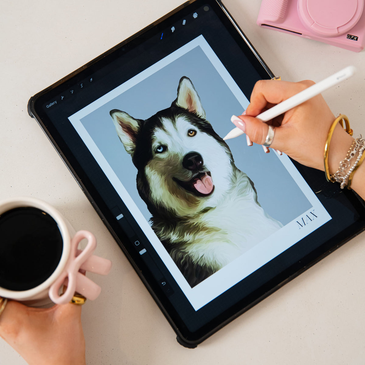 A photo of a Bordered Detailed Pet Portrait of a Husky on a tablet, with a cup of coffee and a pink camera next to it.