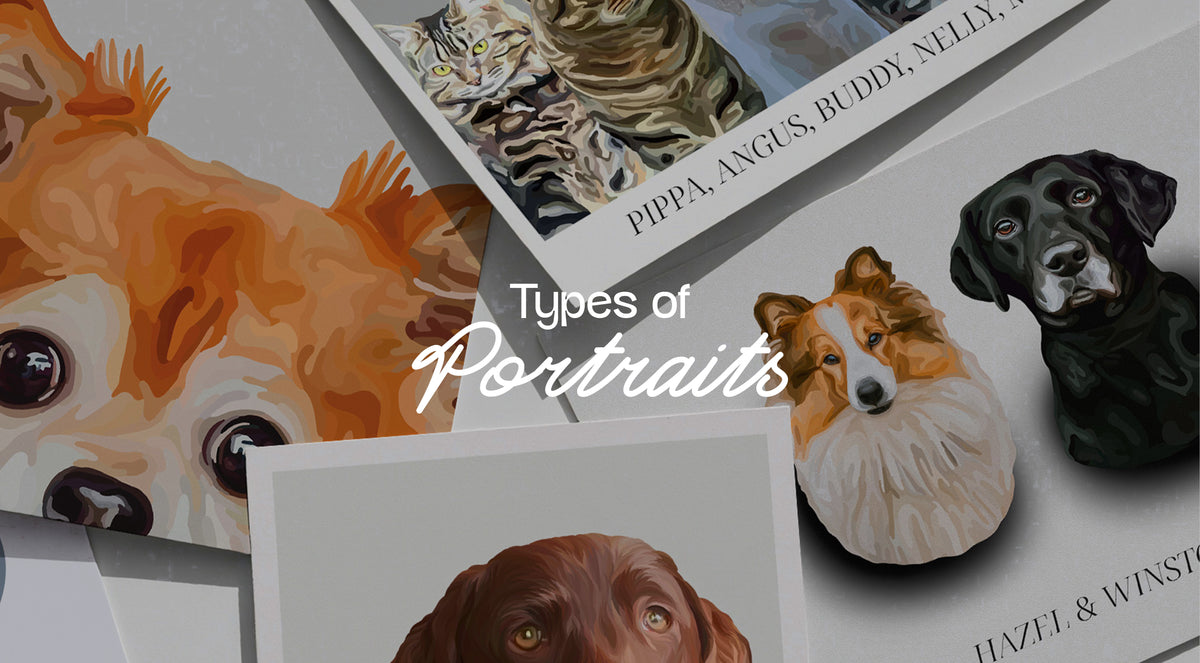 A collage of dog portraits with the overlaid text 'Types of Portraits' across the centre. 