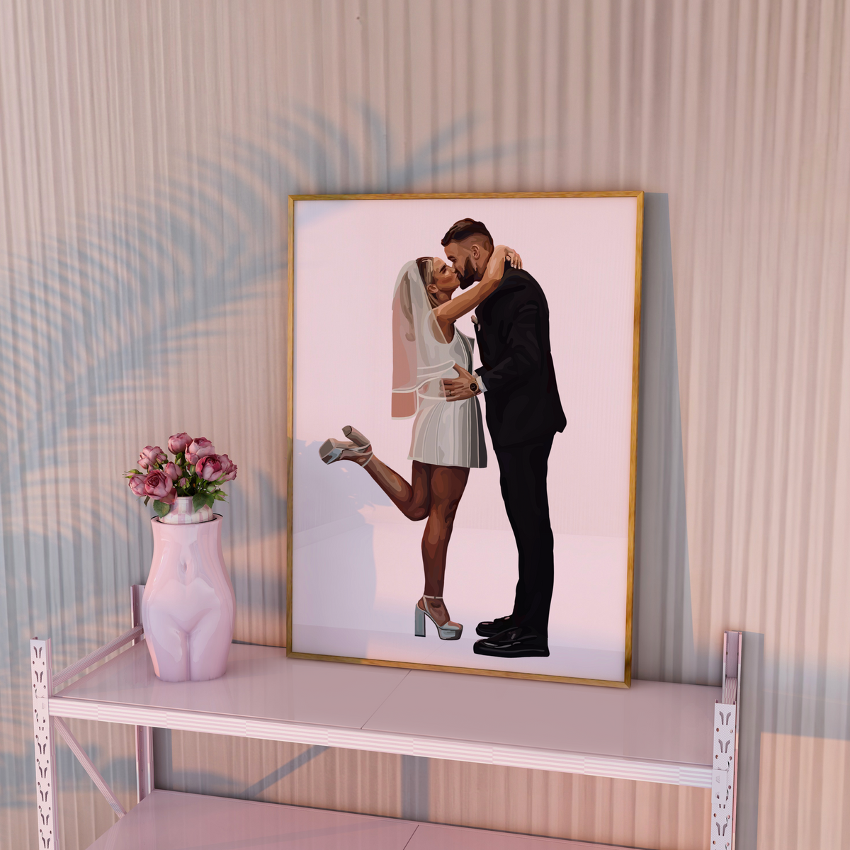 A photo of a framed People Portrait on a pink metal shelf.